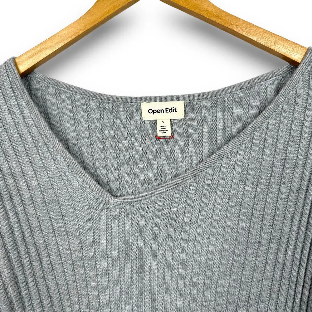 NEW Open Edit Ribbed Sweater Asymmetric Vneck Tunic Long Sleeve Gray Size Small